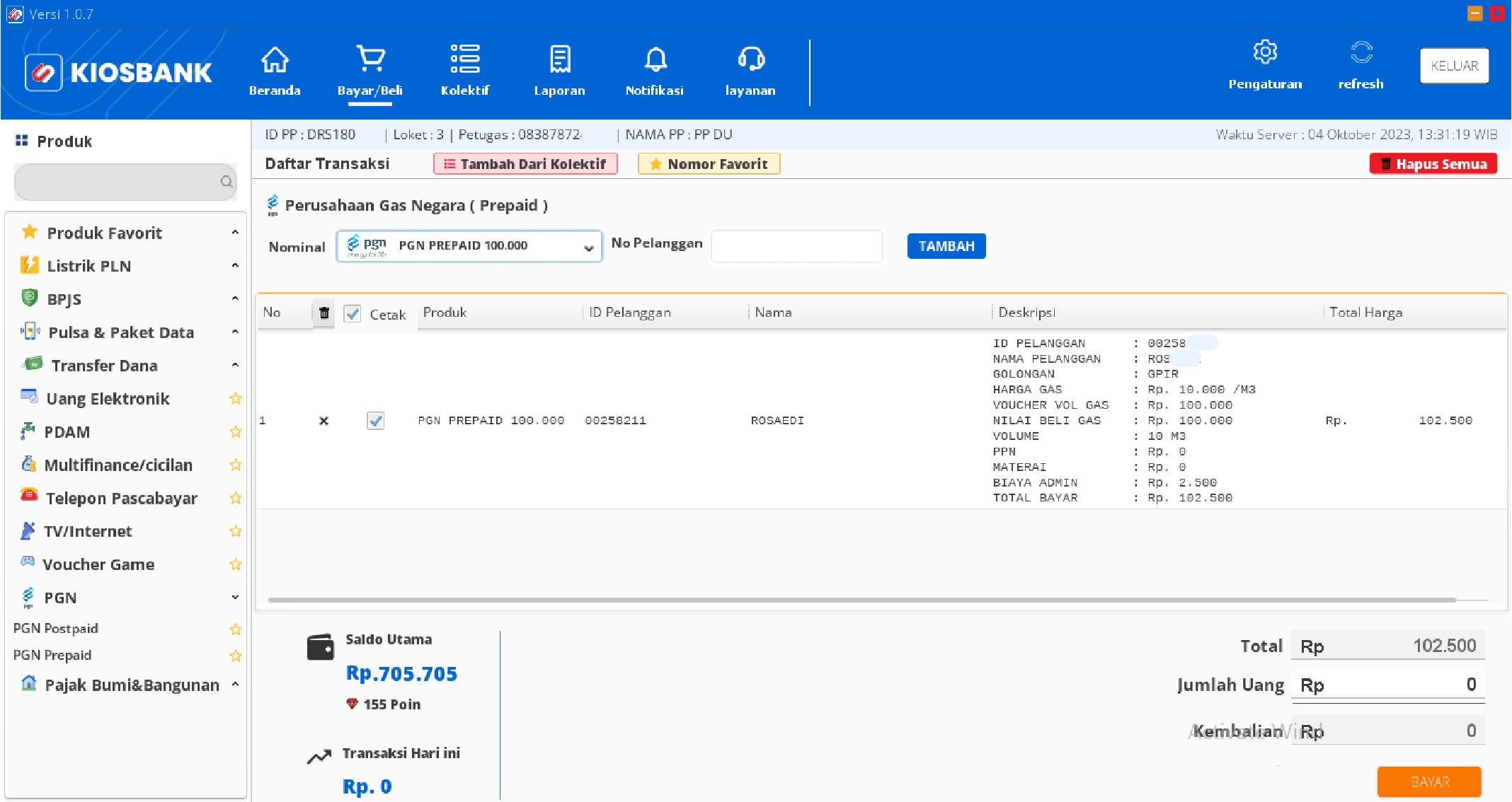 Cara Beli PGN Prepaid Voucher Volume Gas PGN Prabayar di Aplikasi Kiosbank desktop