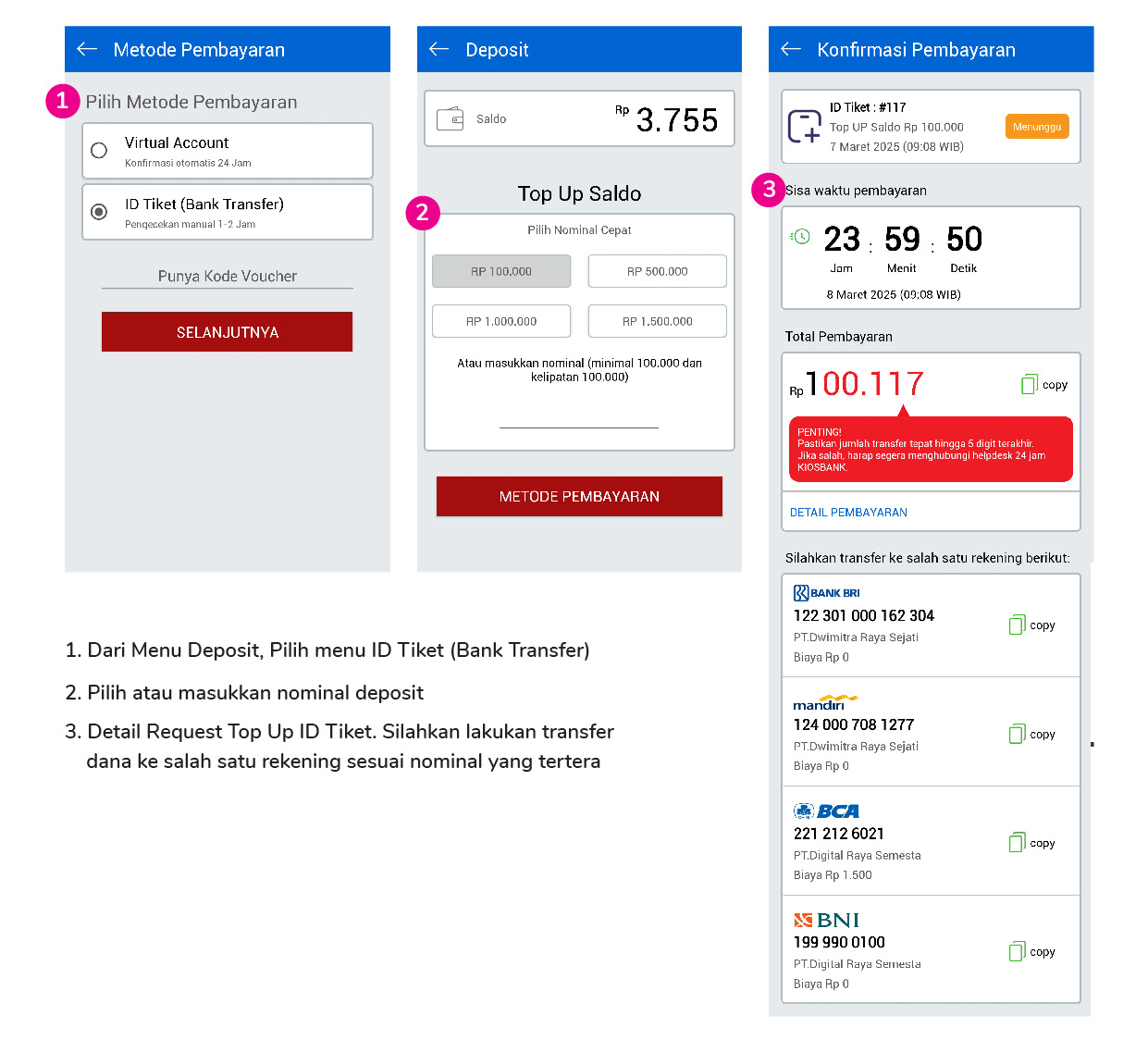 cara top up saldo deposit kiosbank ID Tiket